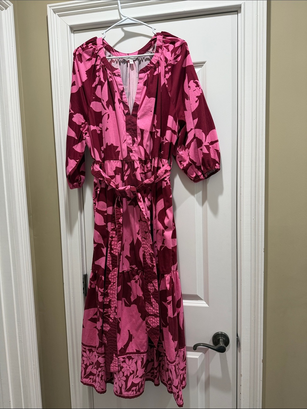 Crown & Ivy Pink Floral Midi Dress with Waist Tie